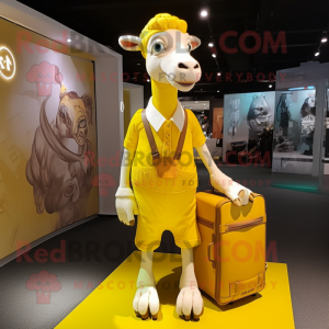 Yellow Goat mascot costume character dressed with Midi Dress and Messenger bags