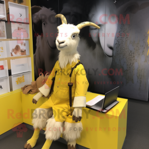 Yellow Goat mascot costume character dressed with Midi Dress and Messenger bags