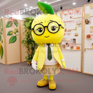 Lemon Yellow Apple mascot costume character dressed with Trousers and Reading glasses