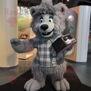 Gray Shepard's Pie mascot costume character dressed with Button-Up Shirt and Foot pads