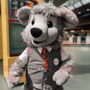 Gray Shepard's Pie mascot costume character dressed with Button-Up Shirt and Foot pads