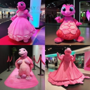 Pink Turtle mascot costume character dressed with Evening Gown and Foot pads