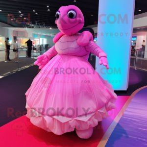 Pink Turtle mascot costume character dressed with Evening Gown and Foot pads