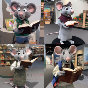 Gray Ratatouille mascot costume character dressed with Cardigan and Reading glasses