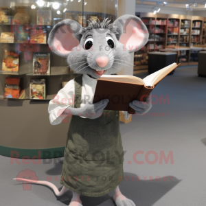 Gray Ratatouille mascot costume character dressed with Cardigan and Reading glasses