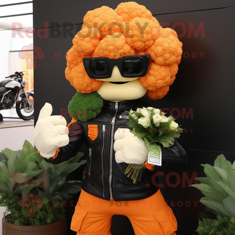 Orange Cauliflower mascot costume character dressed with Biker Jacket and Earrings