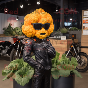 Orange Cauliflower mascot costume character dressed with Biker Jacket and Earrings