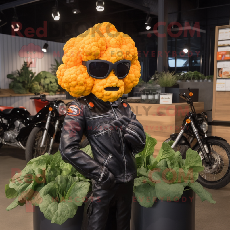 Orange Cauliflower mascot costume character dressed with Biker Jacket and Earrings Orange Cauliflower mascot costume character dressed with Biker Jacket and Earrings