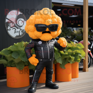 Orange Cauliflower mascot costume character dressed with Biker Jacket and Earrings