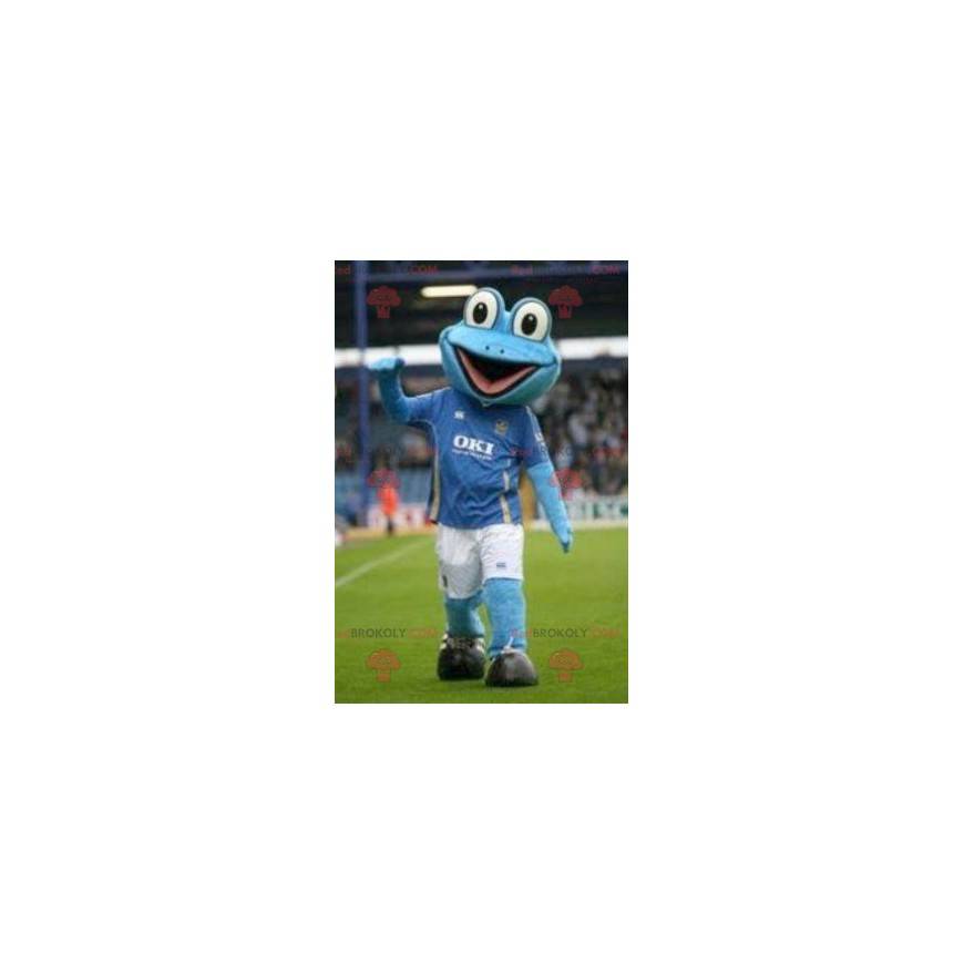 Blaues Froschmaskottchen in der Sportbekleidung - Redbrokoly.com