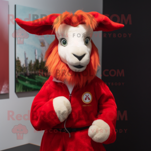 Red Angora goat mascot costume character dressed with Sweatshirt and Tie pins