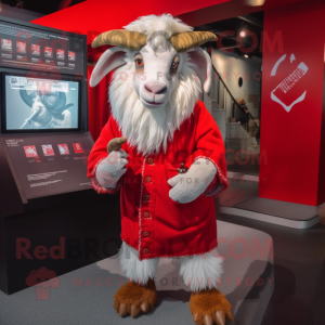 Red Angora goat mascot costume character dressed with Sweatshirt and Tie pins