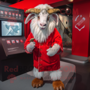 Red Angora goat mascot costume character dressed with Sweatshirt and Tie pins