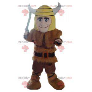 Mascote viking em pele de animal com capacete amarelo -