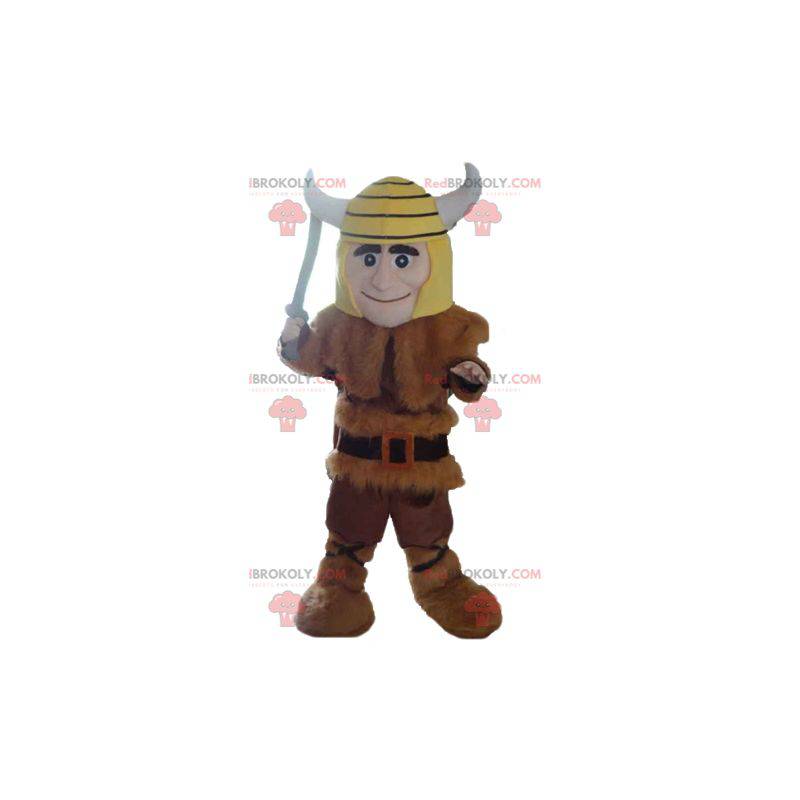 Viking mascot in animal skin with a yellow helmet -