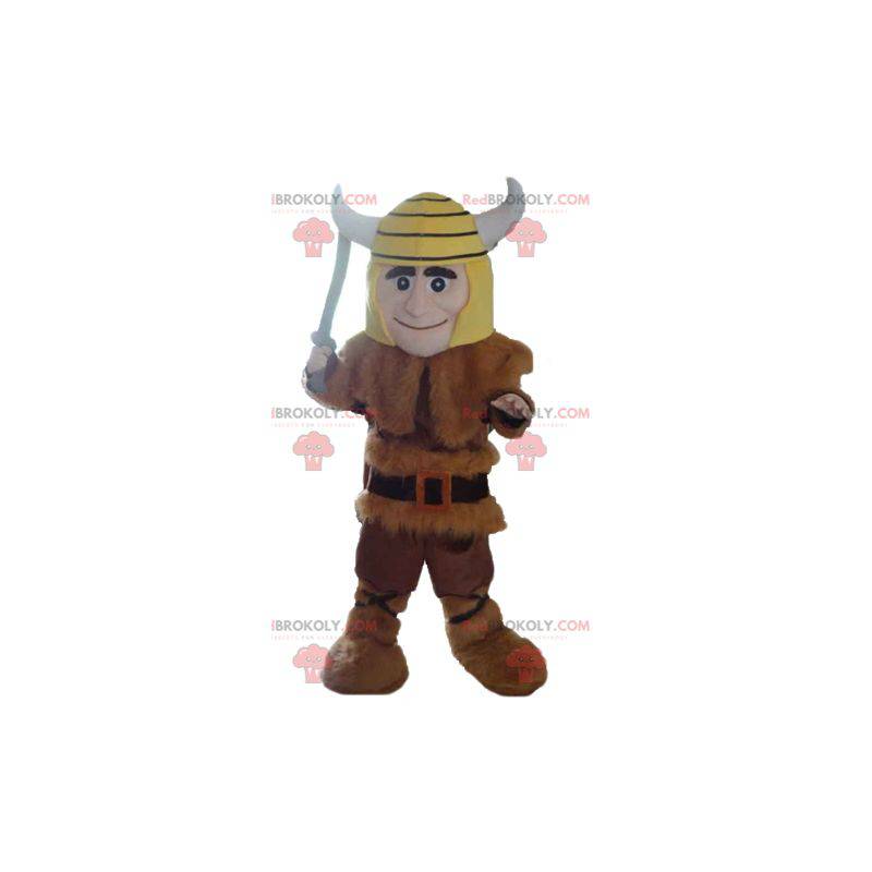 Viking mascotte in dierenhuid met een gele helm - Redbrokoly.com