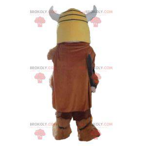 Mascote viking em pele de animal com capacete amarelo -