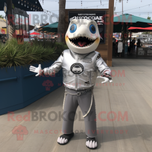 Silver Ceviche mascot costume character dressed with Moto Jacket and Necklaces