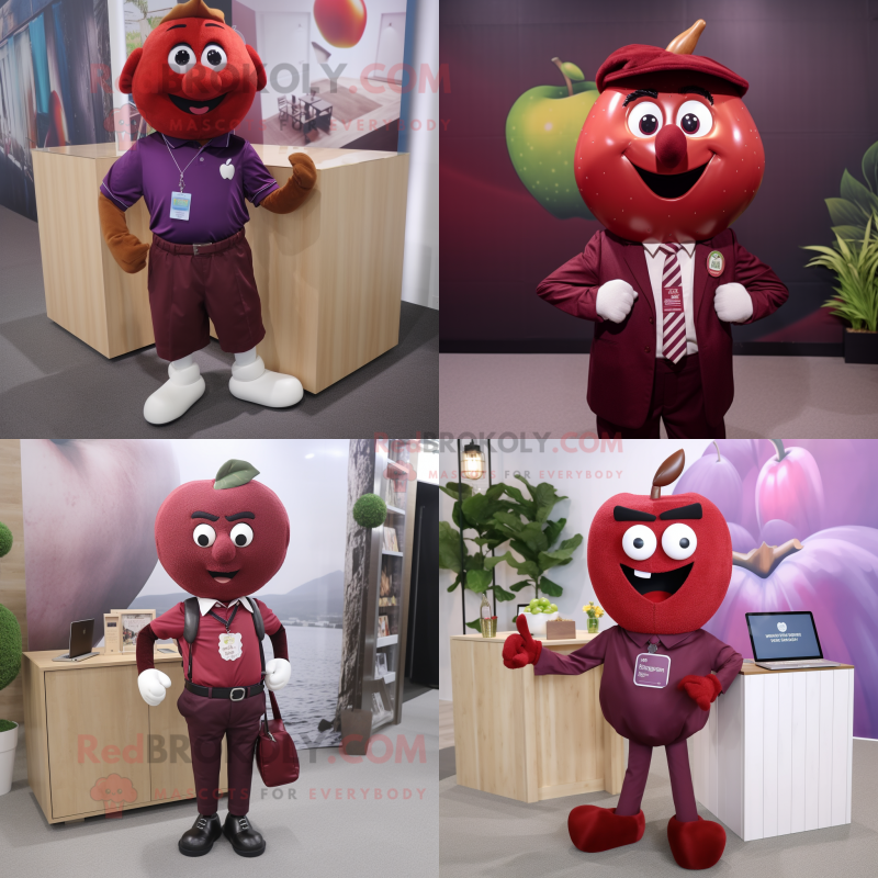 Maroon Apple mascot costume character dressed with Polo Shirt and Tie pins Maroon Apple mascot costume character dressed with Polo Shirt and Tie pins