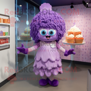 Purple Cupcake mascot costume character dressed with Dress and Earrings