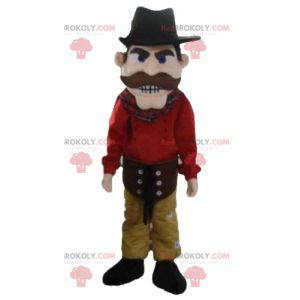 Cowboy mascotte gekleed in rood en geel met een hoed -