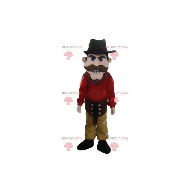 Cowboy mascot dressed in red and yellow with a hat -