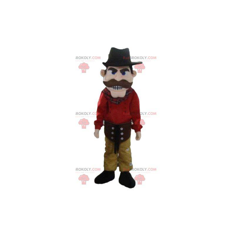 Cowboy maskot kledd i rødt og gult med hatt - Redbrokoly.com