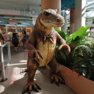 Brown Iguanodon mascot costume character dressed with Playsuit and Earrings