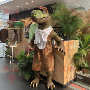 Brown Iguanodon mascot costume character dressed with Playsuit and Earrings