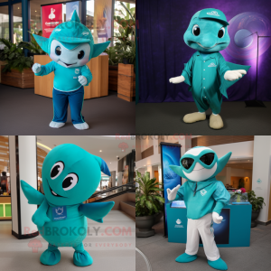 Teal Stingray mascot costume character dressed with Polo Shirt and Earrings
