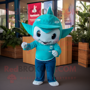 Teal Stingray mascot costume character dressed with Polo Shirt and Earrings