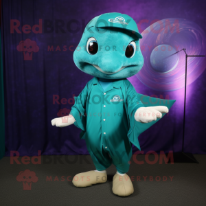 Teal Stingray mascot costume character dressed with Polo Shirt and Earrings