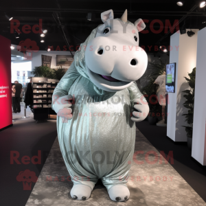 Silver Hippopotamus mascot costume character dressed with Maxi Dress and Backpacks