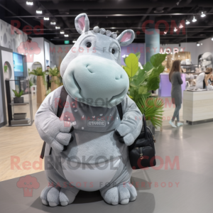 Silver Hippopotamus mascot costume character dressed with Maxi Dress and Backpacks