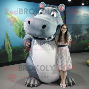 Silver Hippopotamus mascot costume character dressed with Maxi Dress and Backpacks