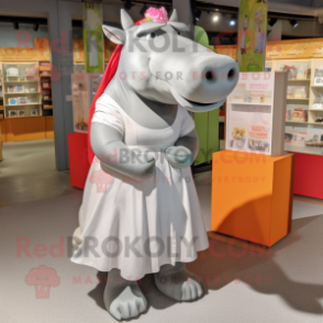 Silver Hippopotamus mascot costume character dressed with Maxi Dress and Backpacks