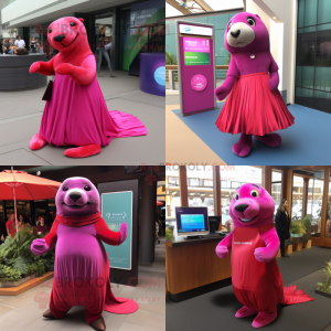 Magenta Sea Lion mascot costume character dressed with A-Line Skirt and Earrings