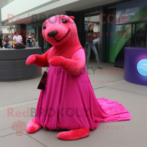 Magenta Sea Lion mascot costume character dressed with A-Line Skirt and Earrings