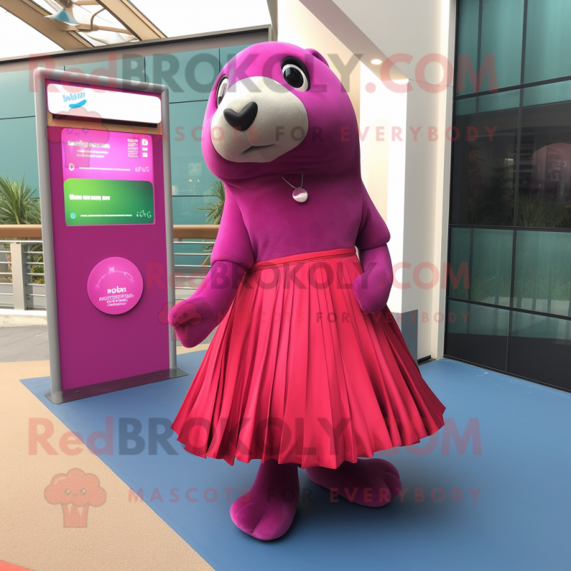 Magenta Sea Lion mascot costume character dressed with A-Line Skirt and Earrings Magenta Sea Lion mascot costume character dressed with A-Line Skirt and Earrings