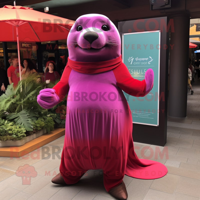 Magenta Sea Lion mascot costume character dressed with A-Line Skirt and Earrings