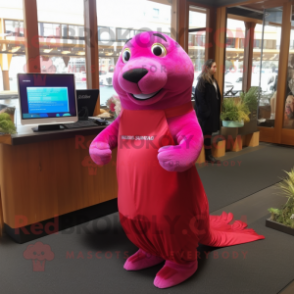 Magenta Sea Lion mascot costume character dressed with A-Line Skirt and Earrings