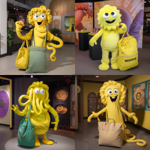 Yellow medusa mascot costume character dressed with Vest and Tote bags