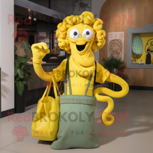 Yellow medusa mascot costume character dressed with Vest and Tote bags