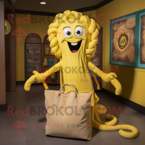 Yellow medusa mascot costume character dressed with Vest and Tote bags