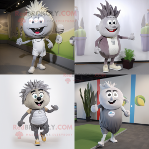 Gray Onion mascot costume character dressed with Running Shorts and Suspenders
