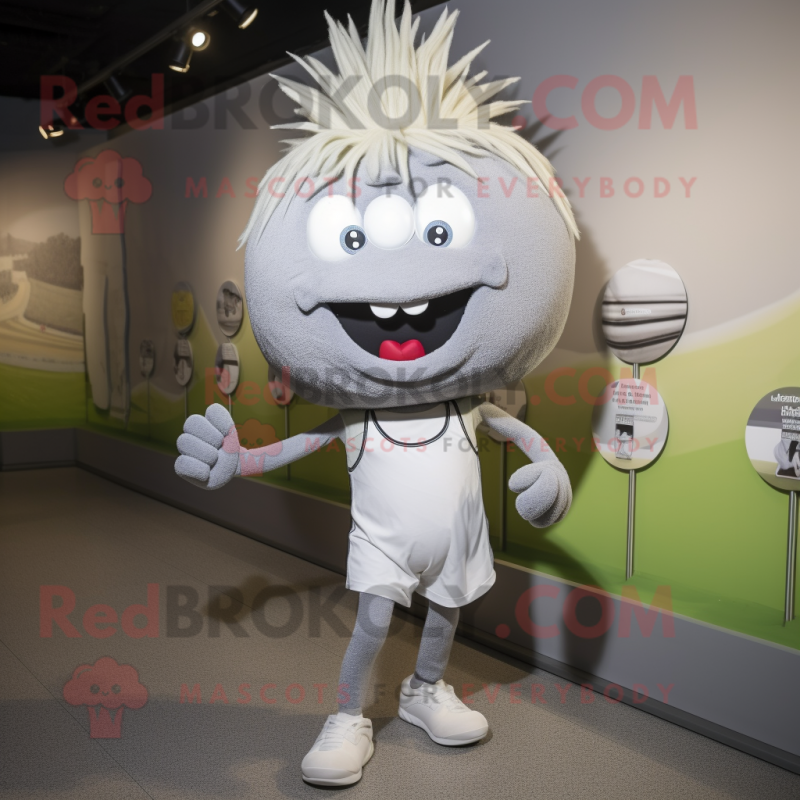 Gray Onion mascot costume character dressed with Running Shorts and Suspenders