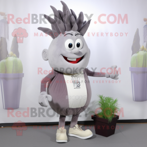 Gray Onion mascot costume character dressed with Running Shorts and Suspenders