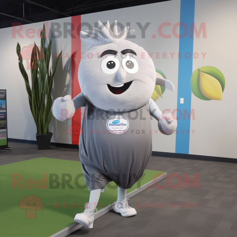 Gray Onion mascot costume character dressed with Running Shorts and Suspenders