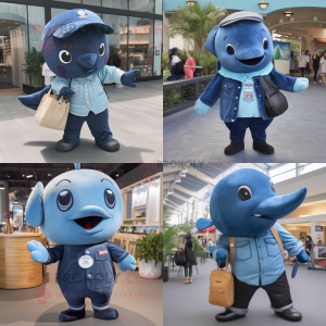 Black Blue Whale mascot costume character dressed with Chambray Shirt and Coin purses