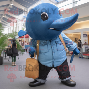 Black Blue Whale mascot costume character dressed with Chambray Shirt and Coin purses